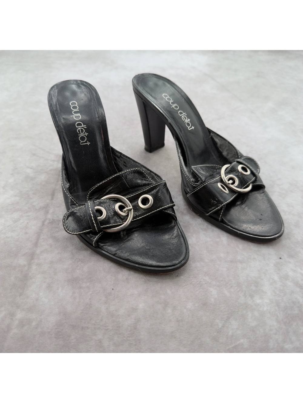 Vintage Coup D'etat Black Leather Buckle Mules Block Heel Size 8B Y2K